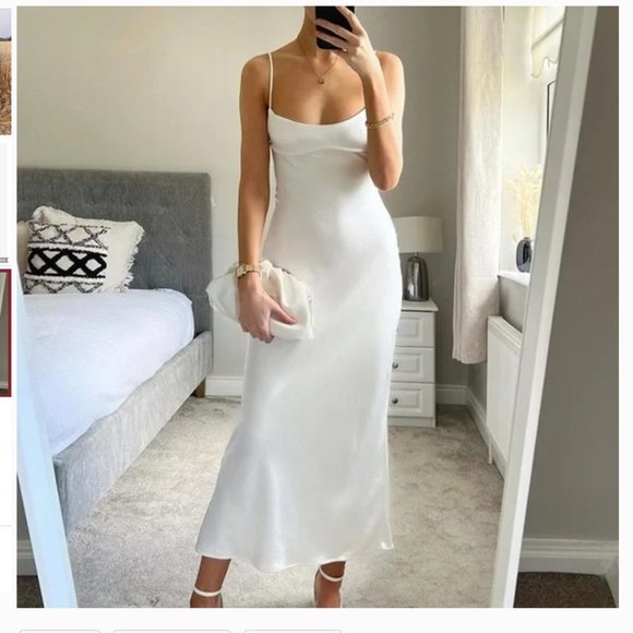ZARA WHITE SATIN EFFECT CUT OUT BACK MIDI MAXI SLIP DRESS - Picture 12 of 17